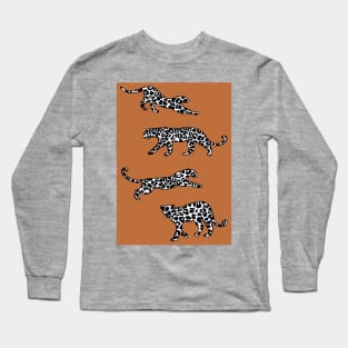 Leopard Shapes Pattern, Black and White, on Burnt Orange Long Sleeve T-Shirt